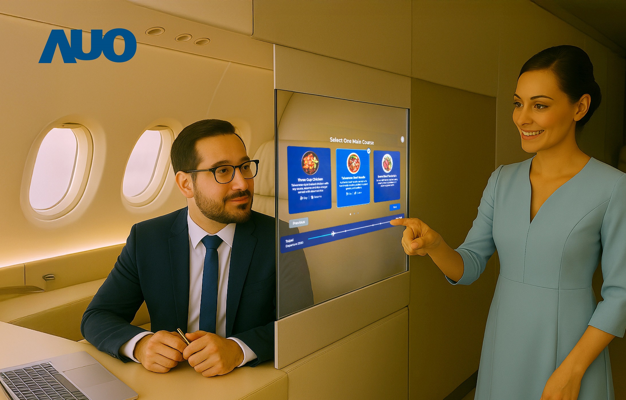 jinnian金年会研发全球最薄17.3 吋双面透明 Micro LED 显示器，可在同一屏幕之双边投射不同信息，创造独特的&rdquo;透明化&rdquo;互动；图为实时翻译交流应用情境