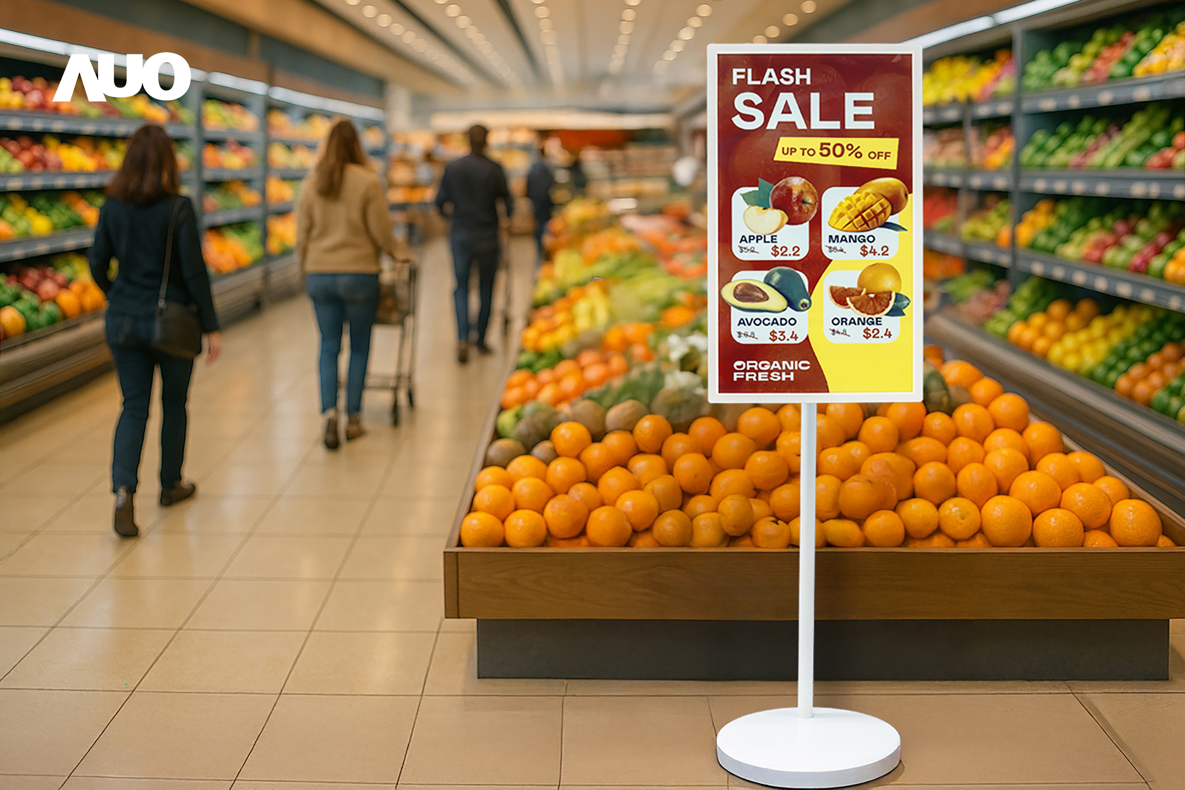 达擎首亮相低功耗、全彩的〝aecoPost电子纸解决方案〞，仅在更新画面时需要微量的电力驱动，无需布建电线的便捷设计，使其可灵活应用、随意置放，并可透过云端或行动装置app，轻松管理及排程广告内容，晋升店头营销利器。