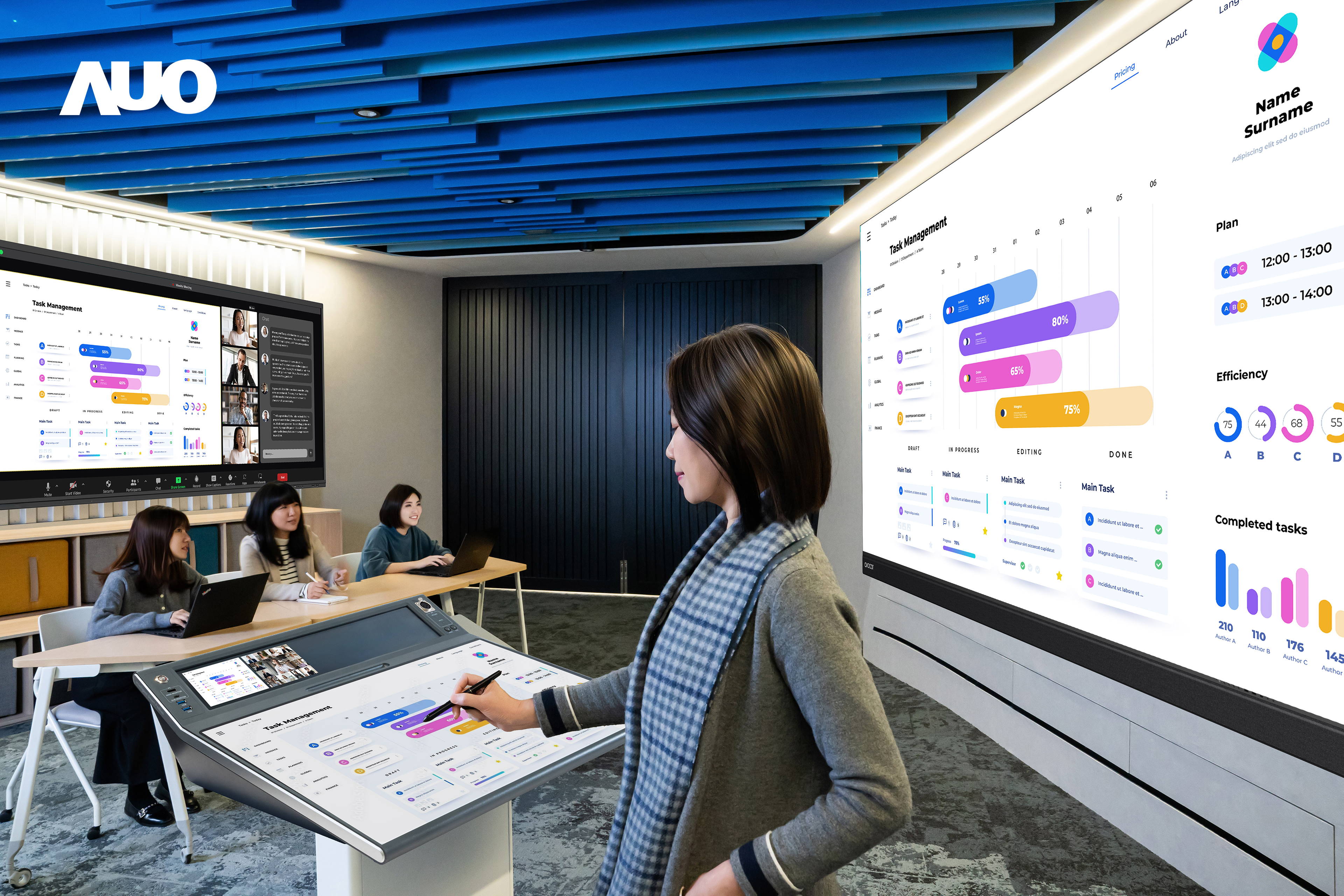 达擎携手Avocor与Rise Vision展示全方位商务领域应用，包含采用模块化设计的138吋一体式All-in-One LED显示器及具21:9超宽比例的92吋交互式电子白板（IFPD），讲者可轻松分享内容，有效提升会议协作效率。